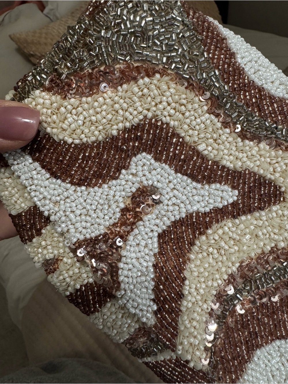 Beaded Sequin Clutch in Cream & Bronze Wave Pattern